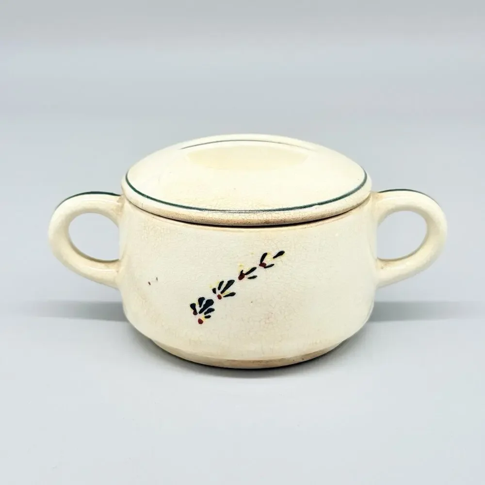 Vintage Stoneware Sugar Bowl With Lid & Handles Bird Design Cream Green Yellow